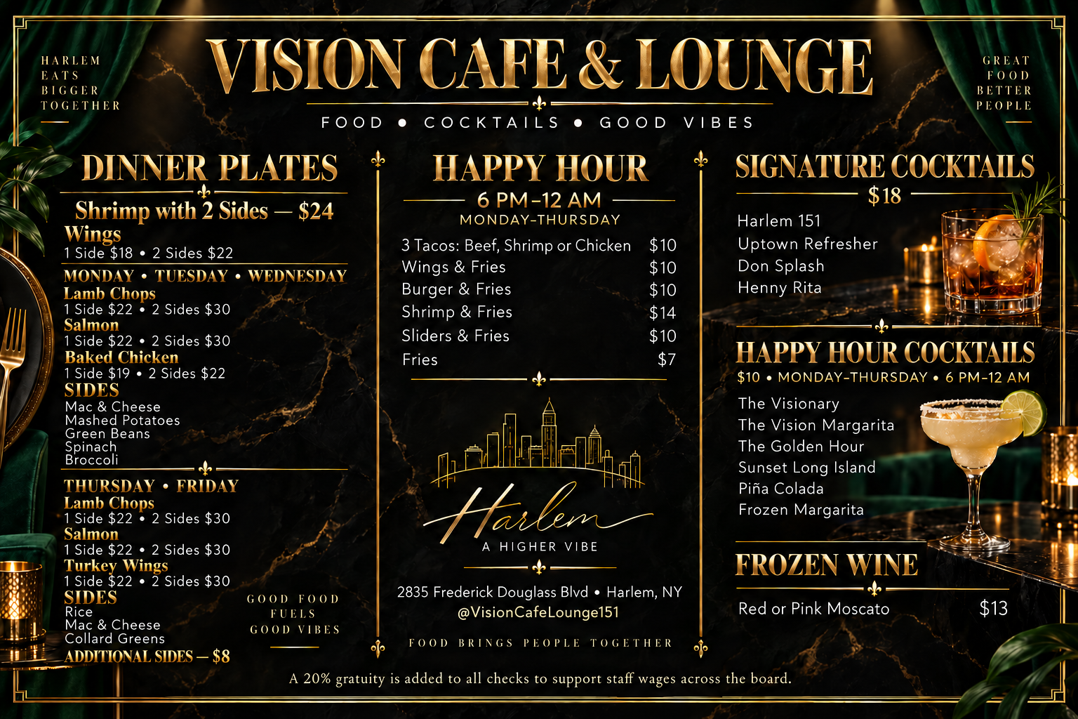 Vision Cafe & Lounge full menu — dinner plates, happy hour, signature cocktails, and frozen wine